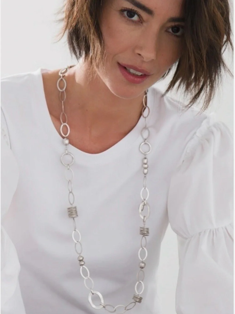 Chico’s Silver-Tone Beaded Disc Link Necklace and Bracelet Set NWT